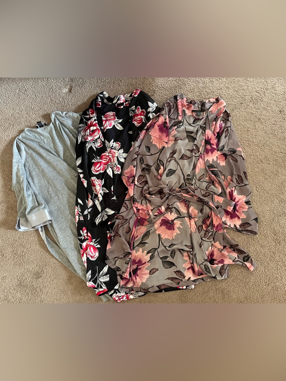 3 Floral Long Sleeve Robes Black & Taupe with Pink Blooms